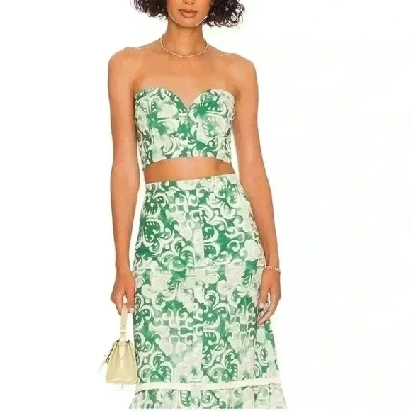 Alexis Isola Printed Bustier Small S Sage Cropped Top Strapless Sweetheart linen - Picture 4 of 9